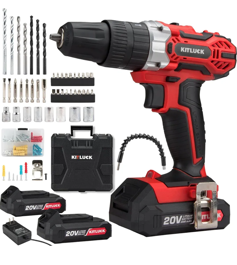 KITLUCK Cordless Drill Set, 20V Power Drill Kit with 2 X 2.0AH Battery, 44pcs Drill/Driver Bits, 1 Box Screws, Bubble Level, 3/8'' Chuck Electric Drill, 32NM, 21+3 Position, 2 Variable Speed