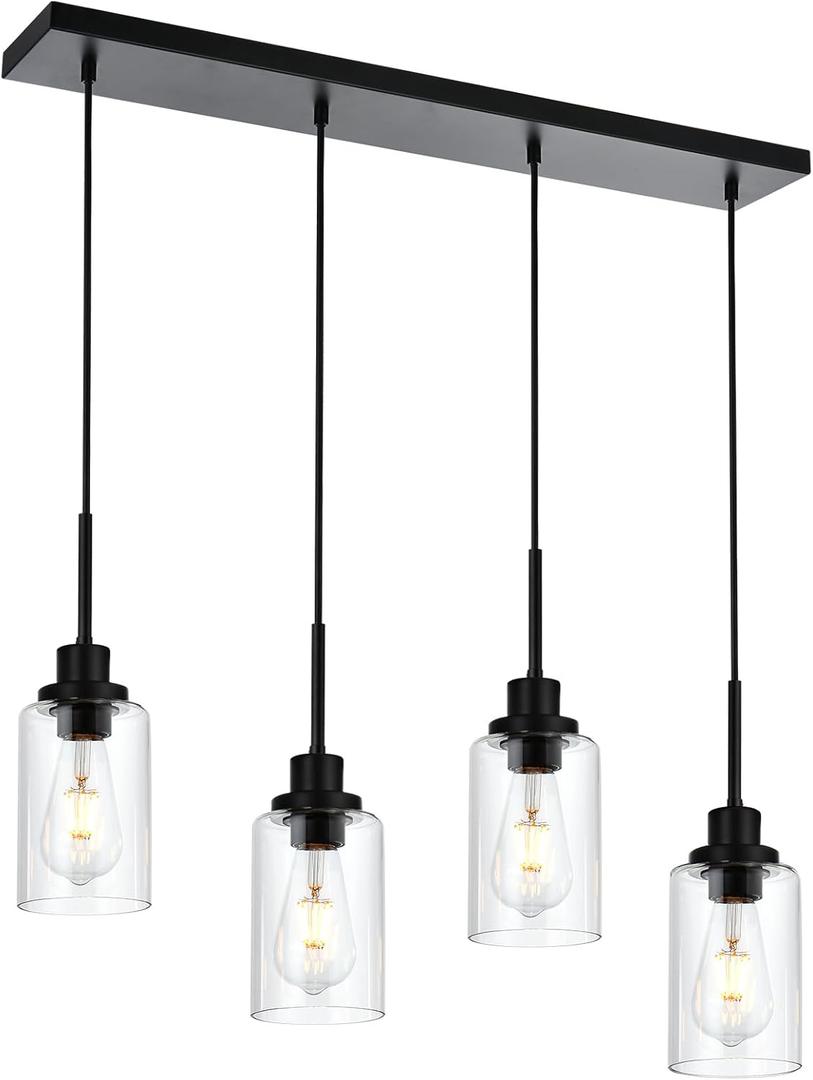 Black Pendant Light Fixtures with Clear Glass, 4-Lights Adjustable Height Hanging Ceiling Lights, Kitchen Island Lighting for Living Room Office Bar Farmhouse