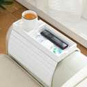 Sofa Arm Tray, Bamboo Large Couch Cup Holder Tray with Hidden Storage, Sofa Armrest Portable Anti-Spill Beverage Snack, White