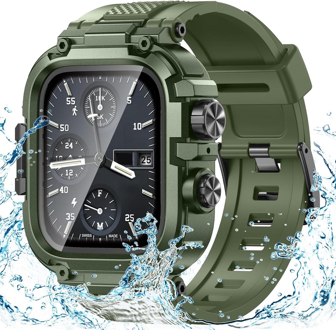 Goton IP68 Waterproof Rugged Band for Apple Watch 45mm with Case build-in Screen Protector for Men, Heavy Duty Bumper Cover Sport Strap Compatible with iWatch Series 9/ 8/ 7