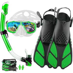 Snorkeling Gear for Adults with Fins Scuba Diving Gear Adult Professional Travel Snorkel Sets with Flippers,Anti-Fog Anti-Leak Diving Mask Green, US Men 4-8.5 | US Lady 6-9.5