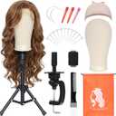 22 Inch Canvas Wig Head with Stand for Wigs ,14-22 Inch Height Adjustable Wig Stand Tripod with Canvas Block Wig Head,Manikin Head Block Set for Cosmetology with Wig Stand and Storage Bag (White)