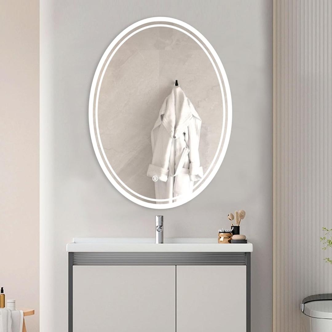 36 X 28 Inch Oval LED Bathroom Mirror Anti-Fog Wall Mounted Lighted Bathroom Vanity Mirror Smart Makeup Mirror 3 Colors Light Dimmable Touch Switch