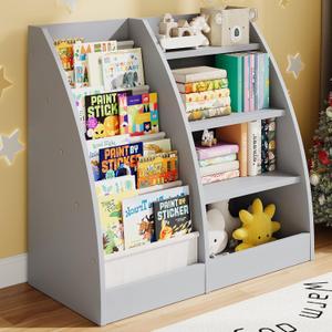 4 Tier Kids Bookshelf,4 Layer Sling Kids Book Shelf for Kids Rooms,Wood Children Bookcase,Baby Storage Book Rack,Toddler Bookshelf, Book and Toy Organizer,Book Display Shelf for Bedroom, Nursery (Large, Grey)