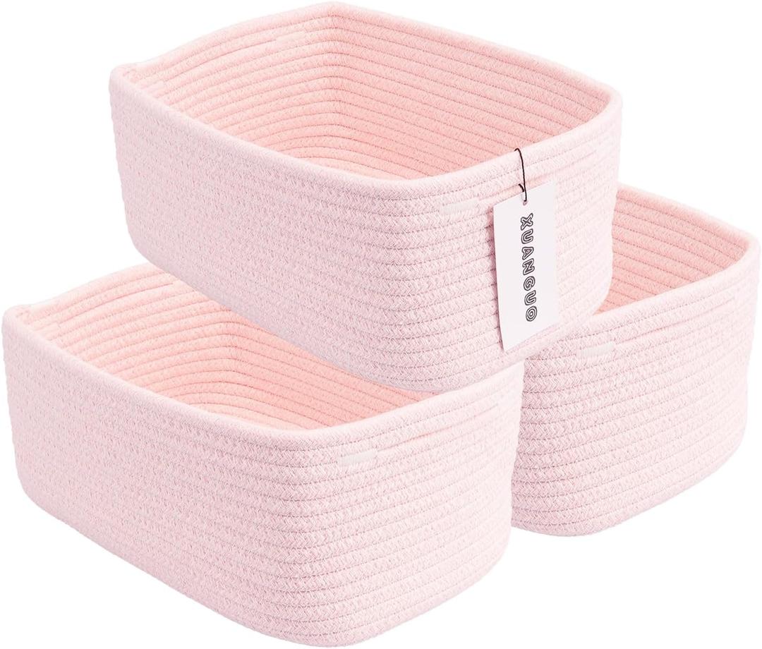 Small Woven Storage Baskets 12X8X5 Decorative Rope Bins for Organizing Shelves, Closets, and Toys, Empty Gift Baskets, Cute Organizer Basket for Home and Office (pink, regular)