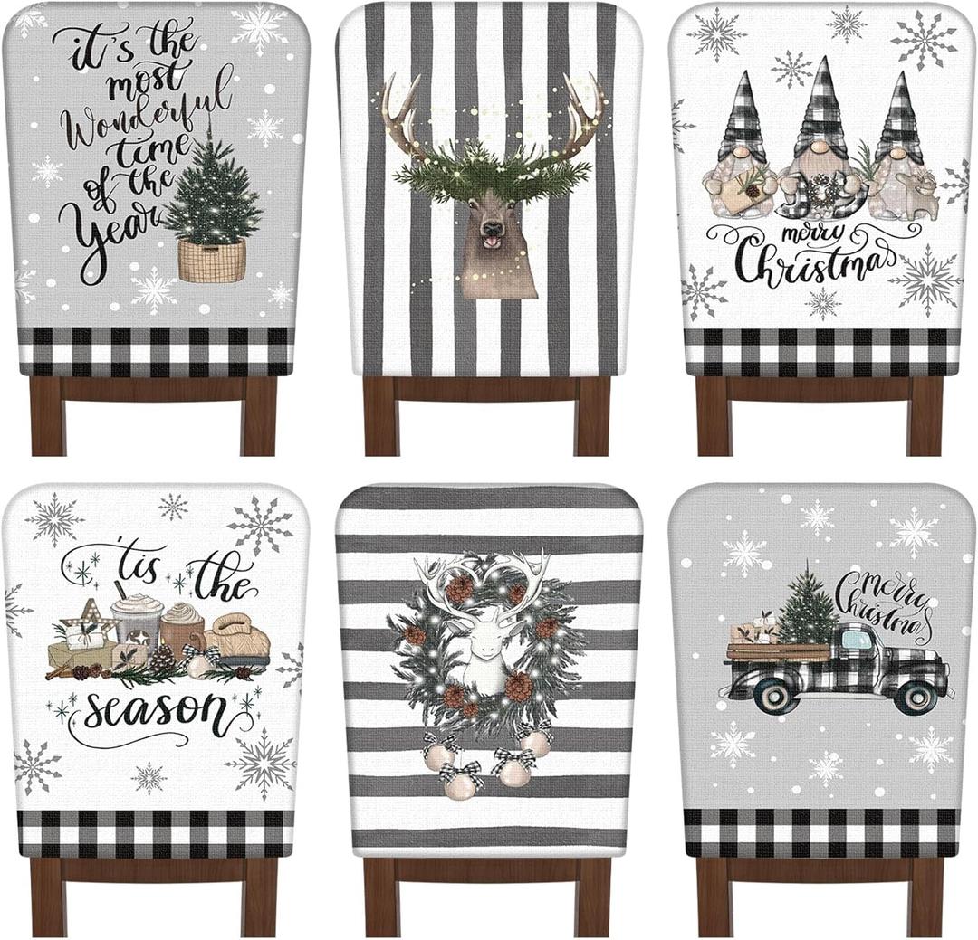 6 Pcs Christmas Chair Covers Christmas Chair Back Covers Xmas Chair Protector Slipcovers Washable Winter Dining Room Seat Covers for Home Hotel Kitchen Decorations (Black and White Checker)