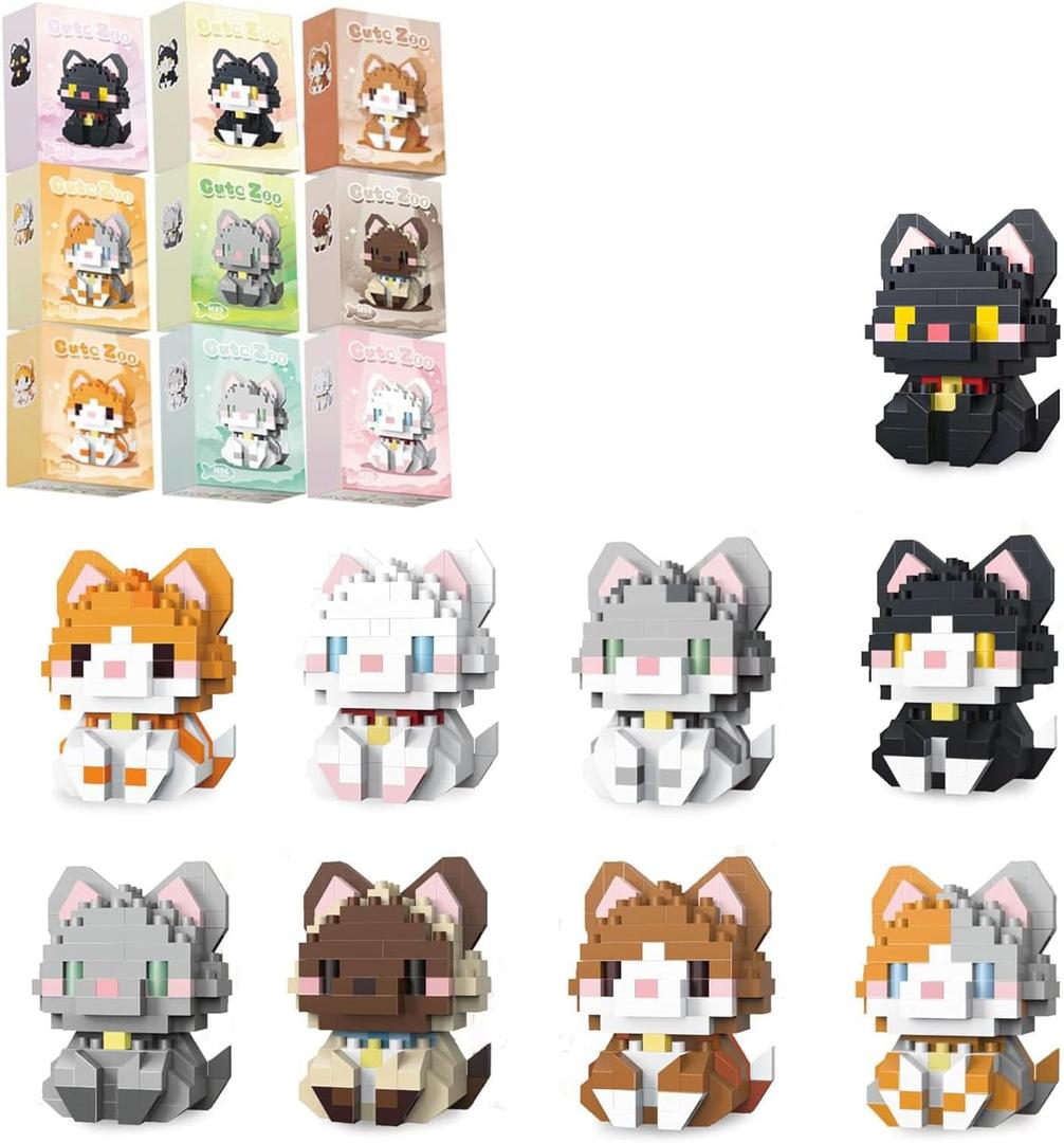 QISHOUTING 9 Packs Mini Cats Building Blocks, 9 Styles Small Cute Cat Building Set,Miniature Cat Figurine Toys for Adults Women,Birthday Party Favors Stocking Stuffers