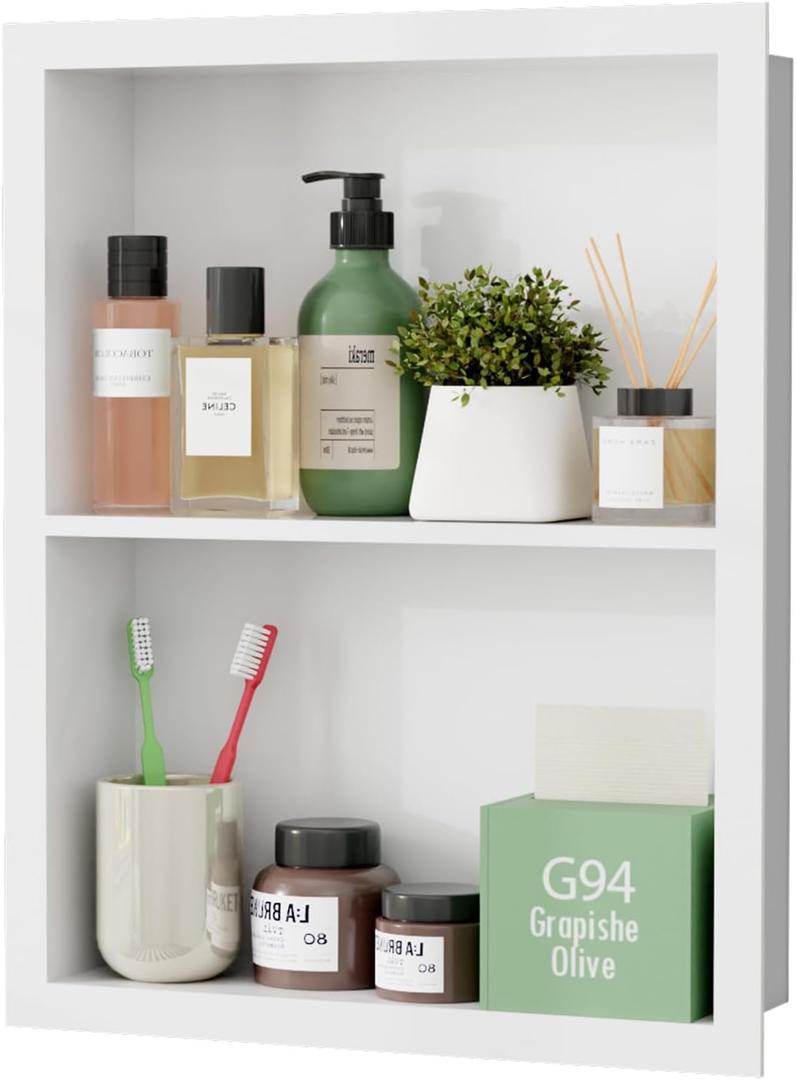 Stainless Steel Recessed Medicine Cabinet 14''*18'', Rust-Proof Metal Wall Niche, in Wall Shower Niche Shelf Insert Replacement, Recessed Medicine Cabinets for Drywall, Bathroom Storage, White