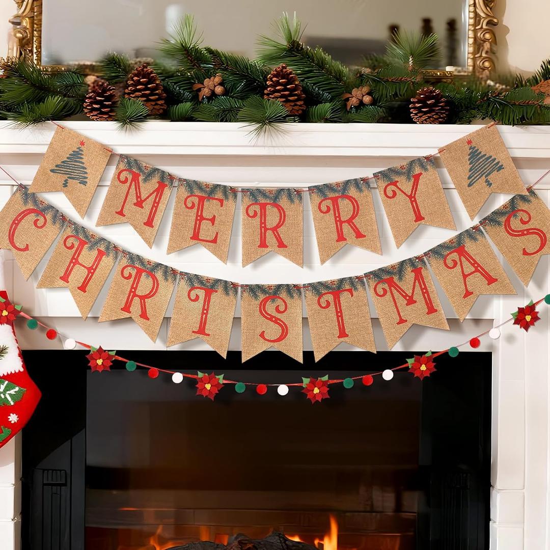 Merry Christmas Burlap Banner and Felt Poinsettia Garland, Pre-strung Christmas Banners Garlands, Xmas Decorations for Home Mantel Office Decorations