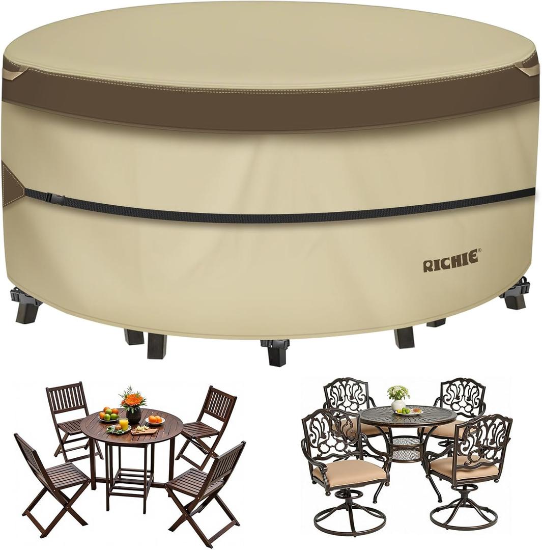 RICHIE Outdoor Patio Furniture Cover - Heavy Duty Waterproof 600D Tough Canvas Protector for Round Table Cover, All-Season Dining Table and Chair Cover (48" DIAx28 H) (Beige & Brown)