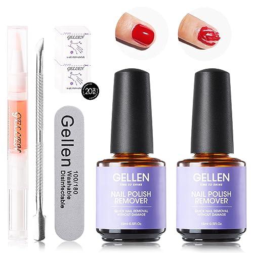 Gellen Gel Nail Polish Remover - 2Pcs Gel Polish Remover for Nails with Cuticle Pusher and Cuticle Oil, Quick & Easy Gel Nail Polish Removal in 2-5 Minutes, No Need Soaking or Wrapping 15ml 0.5fl.oz