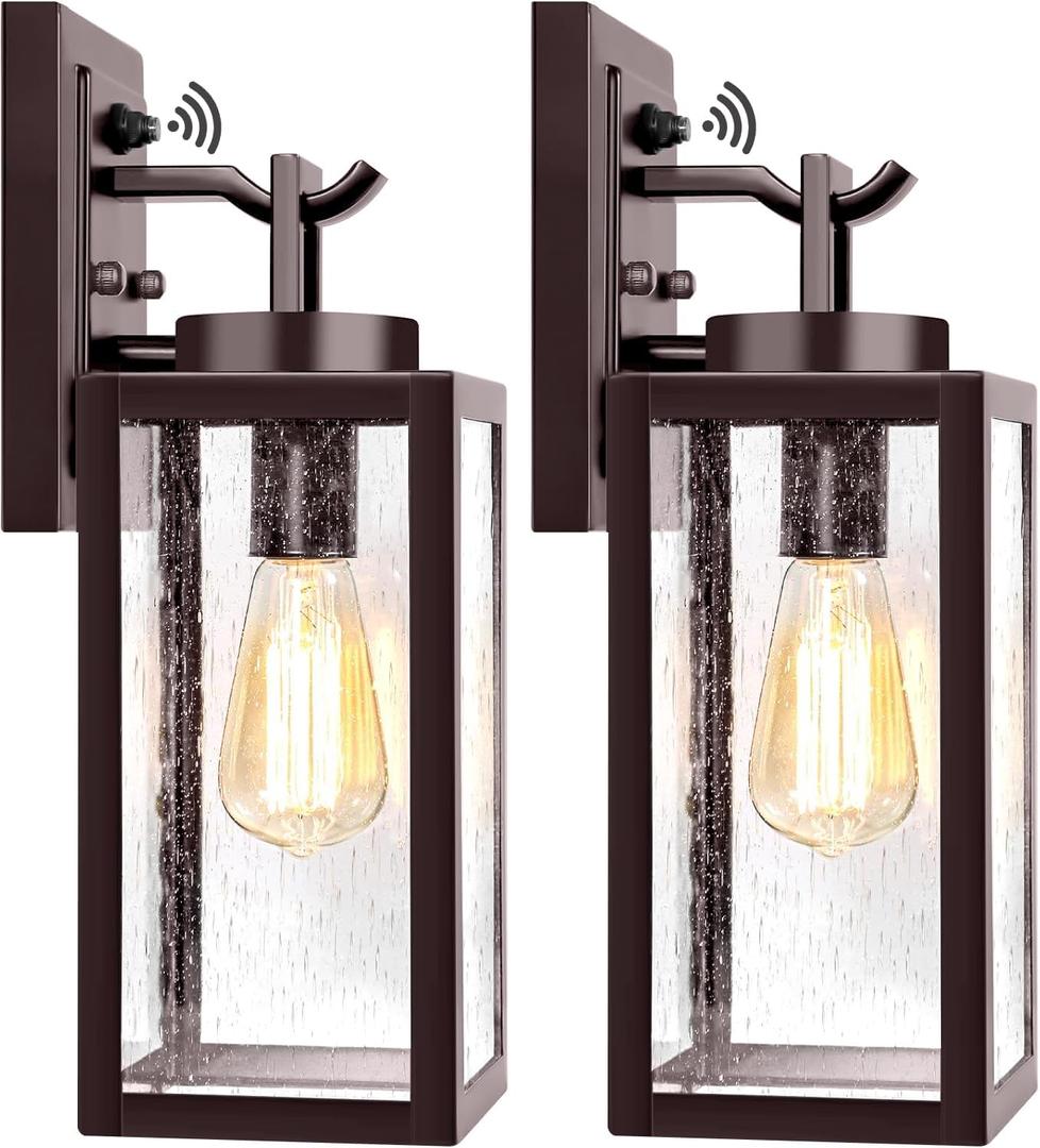 2-Pack 14'' Dusk to Dawn Outdoor Wall Light Fixtures, Oil Rubbed Bronze Exterior Lighting Fixtures Wall Mounted with Seeded Glass, Waterproof Porch Lights Outside Lanterns for House Front Garage