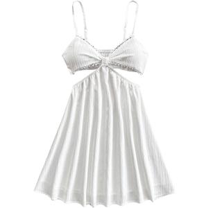 OYOANGLE Women's Cut Out Smocked Sundress Backless Ruffle A Line Cami Dress Flowy Mini Dress White Medium