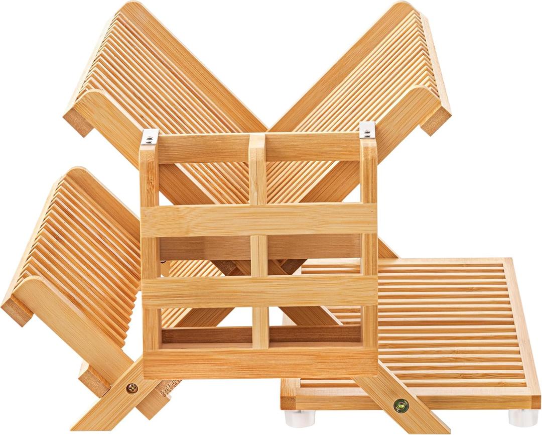 Bamboo Dish Drying Rack with Utensil Holder, 3 Tier Collapsible Dish Rack for Kitchen Counter, Large Folding Drying Holder, Dish Drainer, Kitchen Organizers and Storage