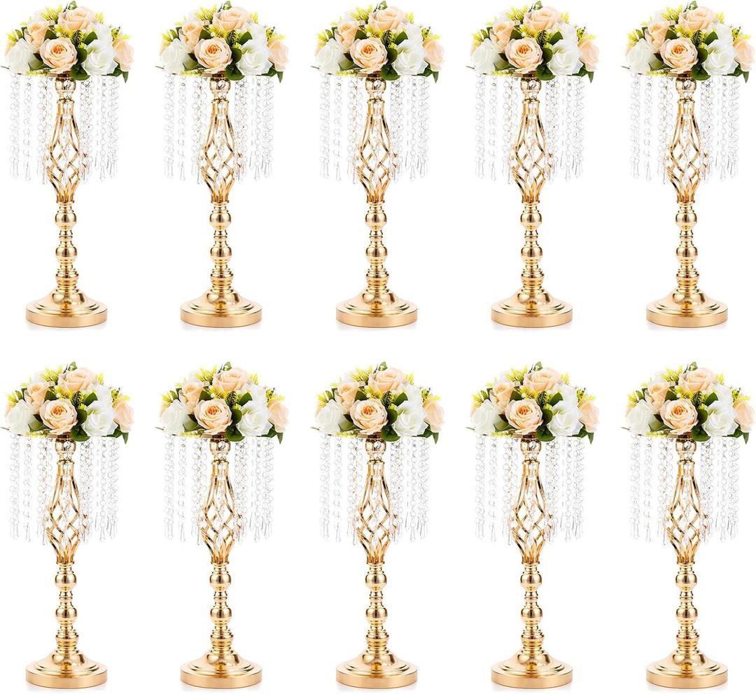 10 Pcs 19.3 inches Tall Crystal Flower Stand Wedding Road Lead Tall Flower Holders Centerpiece Crystal Flower Chandelier Metal Flower Vase for Reception Tables Wedding Supplies