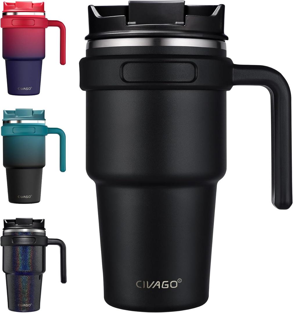 CIVAGO 20 oz Tumbler Mug with Lid and Straw, Insulated Travel Coffee Mug with Handle, Double Wall Stainless Steel Vacuum Coffee Tumbler, Thermal Coffee Cup, Flip lid, Black (1 Count (Pack of 1)