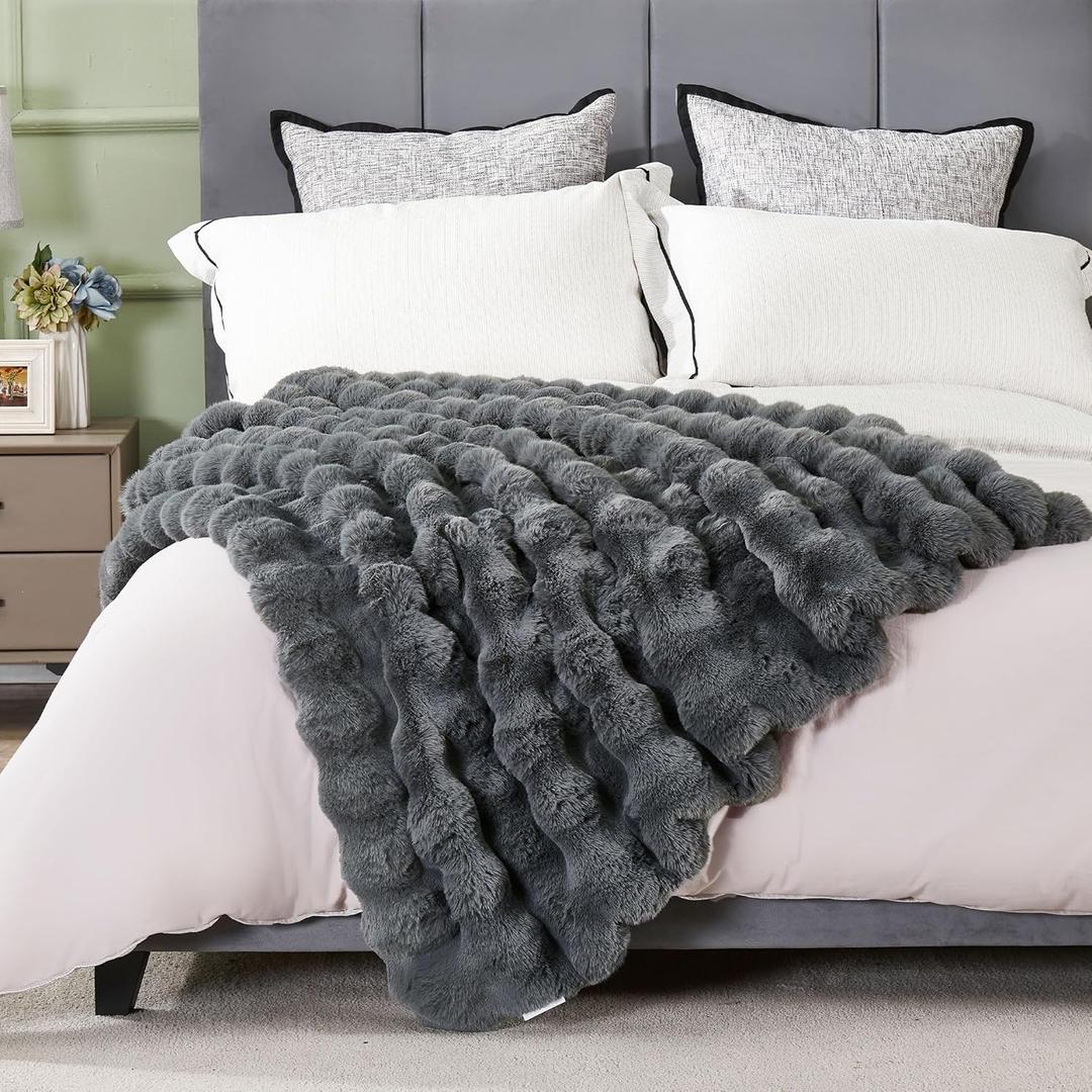 DREAMNINE Soft Fuzzy Bubble Faux Rabbit Fur Throw Blanket for Couch 50" x 60", Double Sided Long Shaggy Thick Warm Fluffy Blankets for Winter, Decorative Luxury Gray Cozy Plush Cute Furry Blanket, Grey