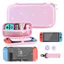 RHOTALL Glitter Pink Carrying Case for Nintendo Switch, Hard Portable Travel Case for Switch Accessories with Clear Glitter Protective Cover, Shoulder Strap, and 2 Thumb Caps