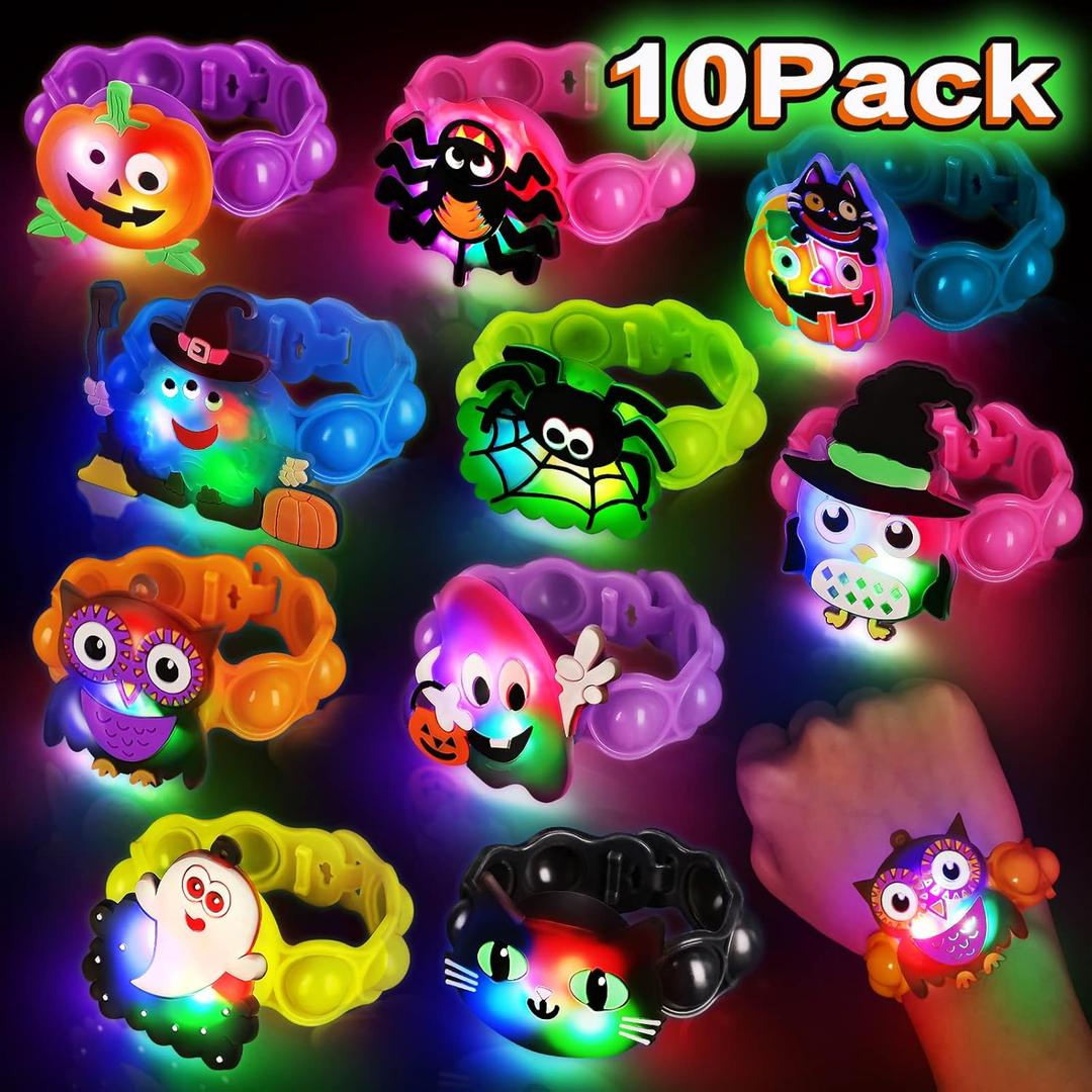 Halloween Light Up LED Bracelets 10 Pack Halloween Party Favors for Kids, Pop Halloween Bracelets Glow in The Dark Party Favors Halloween Trick Or Treat Toy Goodies Flashing Bag Stuffers Bracelets