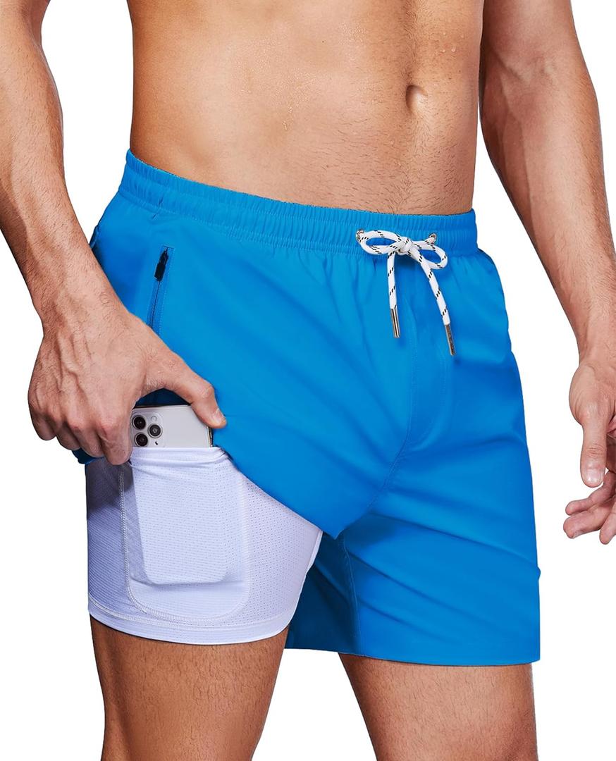 Alimens & Gentle Mens Swim Trunks 5" with Compression Linner Swim Shorts with Zipper Pocket Quick Dry Board Shorts for Men (Large, Blue)