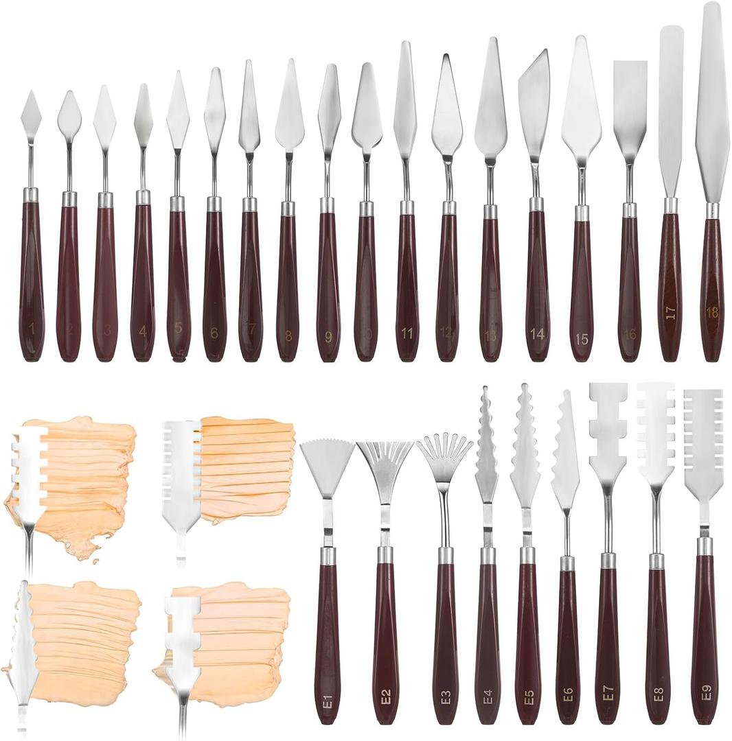 27 Pcs Palette Knife Set, Stainless Steel Painting Knife Set Wood Handle Palette Knives Paint Spatula Pallet Knives for Acrylic Paint Tools for Canvas Oil Painting Mixing and Texturing