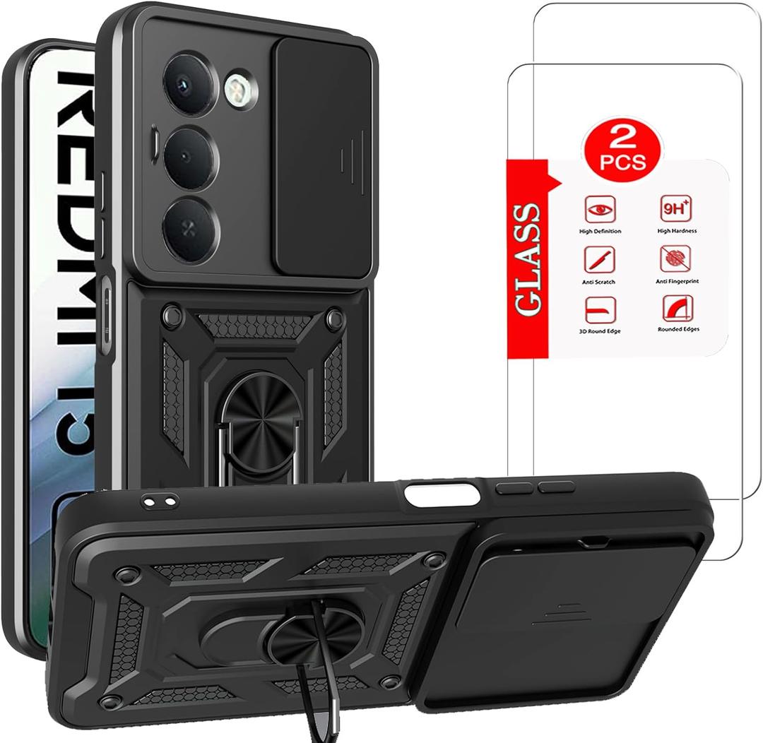 for Xiaomi Redmi 15 Case with [2 Pack] Tempered Glass Screen Protector, for Redmi 15 4G / 5G Case [Military-Grade] Protective，with Lens Protects Magnetic Kickstand Mount Holder Black