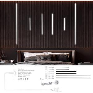 LED Recessed Lighting Kit,6 Pack Self-Adhesive COB LED Light Bar, Cold White 6000K, with Touching Switch, for Wood Slat Wall Panels,Headboards,Home Decor. Black Chanenl,2Pcs*(16in+24in+40in)