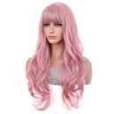 BERON Pink Wig Long Wavy Wig with Bangs Synthetic Wigs Long Pink Wigs for Daily Party with Hairnet