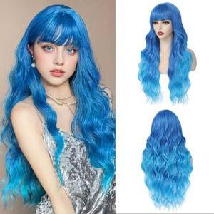 Long Blue Wavy Wig With Bangs for Women 26 Inch Curly Wavy Wig With Bangs Natural Looking Synthetic Heat Resistant Fiber Wig for Daily Party Use