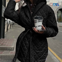 BTFBM Women Button Down Quilted Jacket Coat 2023 Fall Winter Fashion Belt Pockets Removable Padded Hood Puffer Outerwear M Black