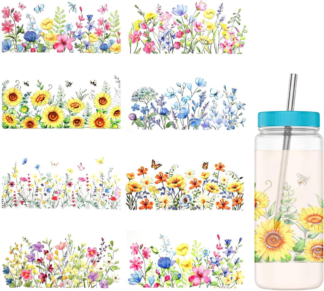 8 Pcs Rub on Transfers for Crafts Sunflower Rub on Stickers Cup Wraps, Transfer Stickers for Glass Cups, Daisy Patterns Colorful Waterproof Flower Wraps for 16oz Glass Cups DIY Crafts