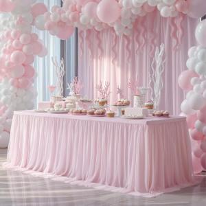 Pink Tablecloth for 6 Foot Rectangle Tables, Pink Tulle Table Skirt for Baby Shower Ruffle Tutu Table Cloths Skirt Stretch Fitted Table Covers for Wedding Girl's Birthday Princess Themed Parties