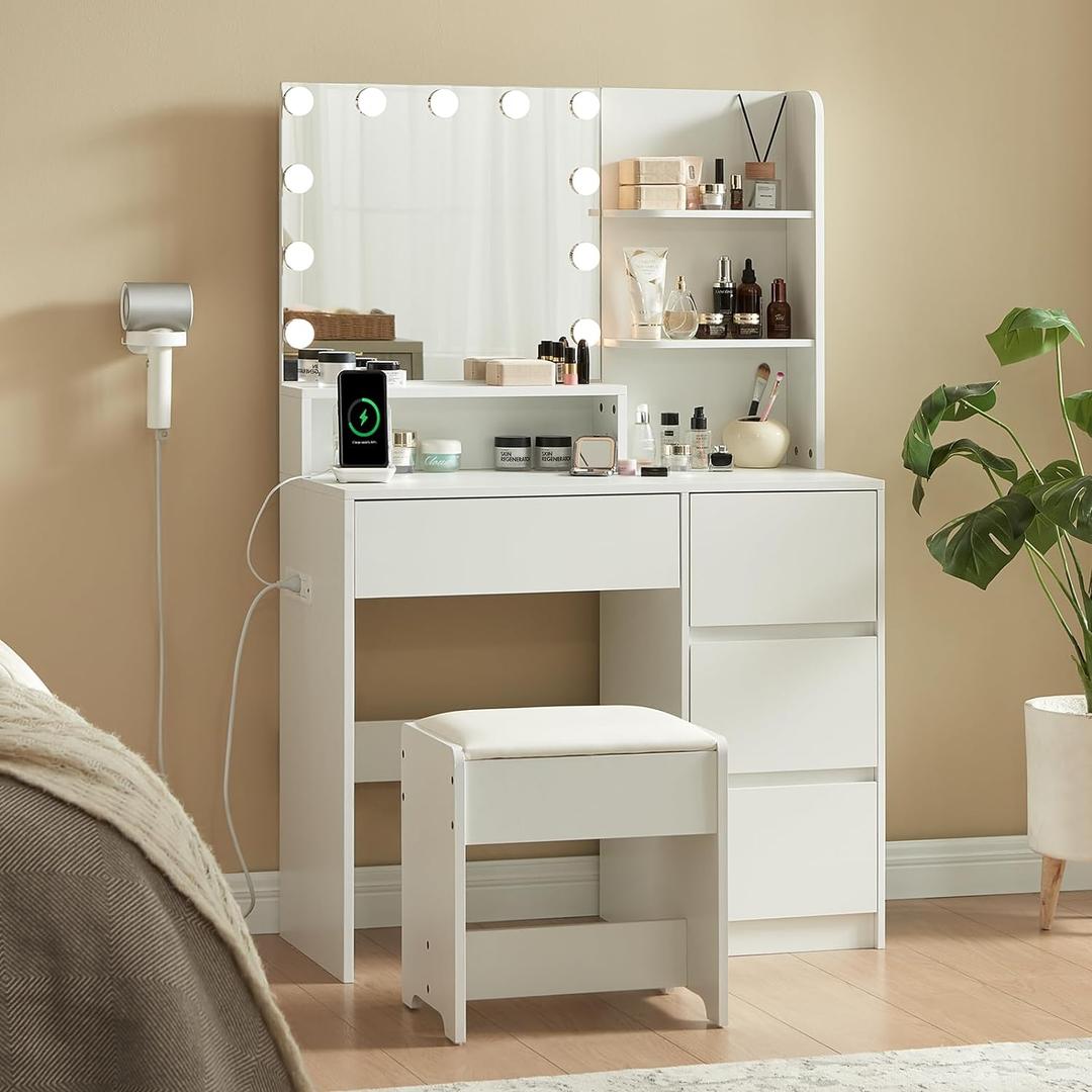 Makeup Vanity Desk with Mirror and Lights - Small Vanity Table Set with 4 Drawers, Power Outlet, USB Ports, Stool, Dressing Table with 3 Lighting Color Adjustable for Bedroom White