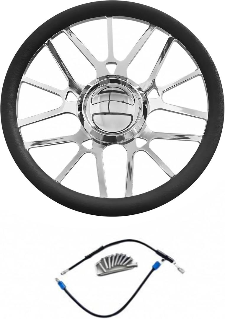 14" Symmetric Multi Spoke Style Billet Aluminum Steering Wheel - Black Leather Half Wrap, 9-Bolt Dish Design & Mirror-Polished Chrome Horn Button - Fits Most 1967-94 GM Cars