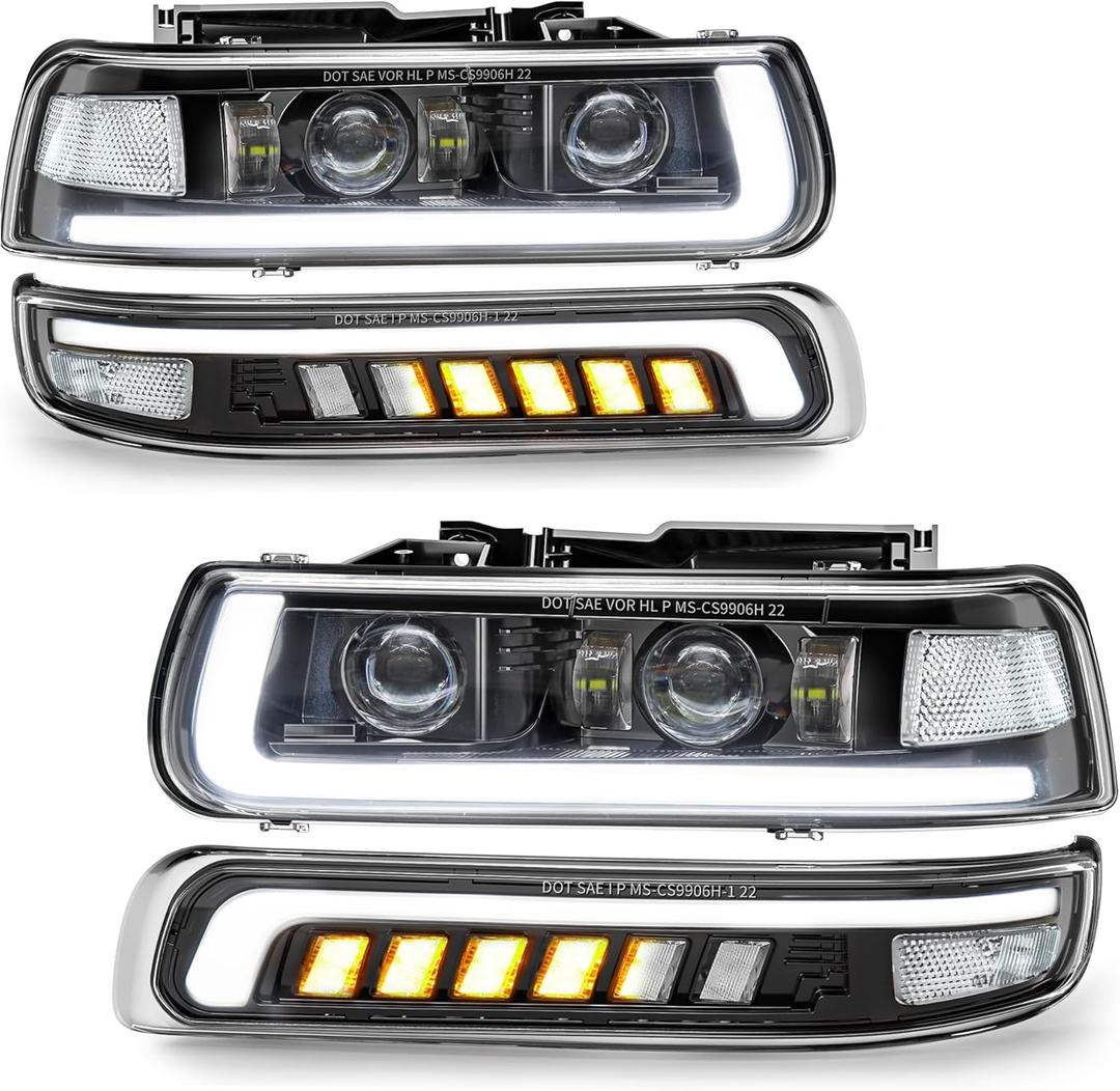 LED Headlights Assembly Headlamps Replacement for 1999-2002 Chevy Silverado 2000-2006 Suburban 00-06 Tahoe Sequential Turn Signal Hi/Low Beam DRL with Bulbs