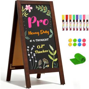 4 THOUGHT Heavy Duty A-Frame Magnetic Chalkboard 40"x20", 0.8" Thickened Solid Pine Wood Sandwich Board, Sturdy Windproof Standing Sign for Outdoor Restaurants, Cafes (Brown)