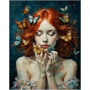 Butterfly Dream Paint by Numbers Kit for Adults - DIY Redhead Woman with Butterflies Painting on Canvas, Acrylic Paint Set, Suitable for Beginners, Art for Home Decoration or Gifts(16X20IN Framed)