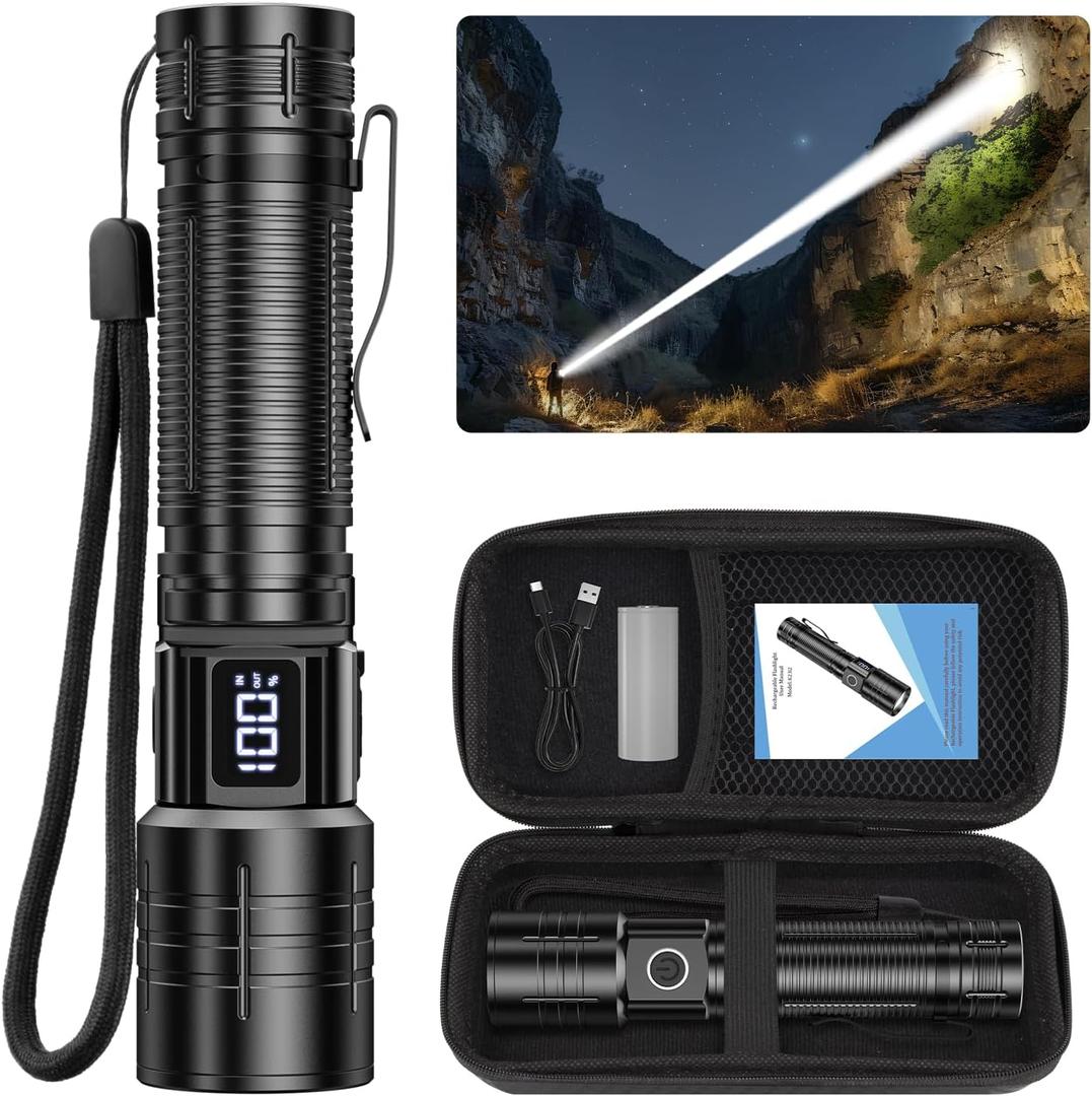 Flashlights High Lumens Rechargeable 20,000LM Super Bright LED Flashlight with Dimmable, Zoomable Beam Tactical Flash Lights Small Powerful (1-Pack)