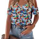 CRAZY GRID Women's T-Shirt Short Sleeve V-Neck Tops 2025 Summer Graphic Trendy Casual Comfy Tshirts (X-Large, Blue Flower)