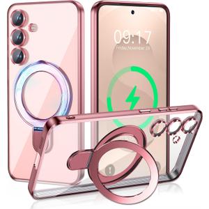 Magnetic Stand & Full Camera Lens Protector Case for Samsung Galaxy S25 Plus [Compatible with MagSafe][Military Drop Protective]Not Yellowing Clear Slim Soft S25 Plus Phone Case for Women Men,Pink