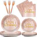 ZOIIWA 96 Pieces Happy Birthday Tableware Set for Pink Rose Gold Table Decorations Supplies Dessert Plates Napkins Forks Women 24 Guests Disposable Party Favors