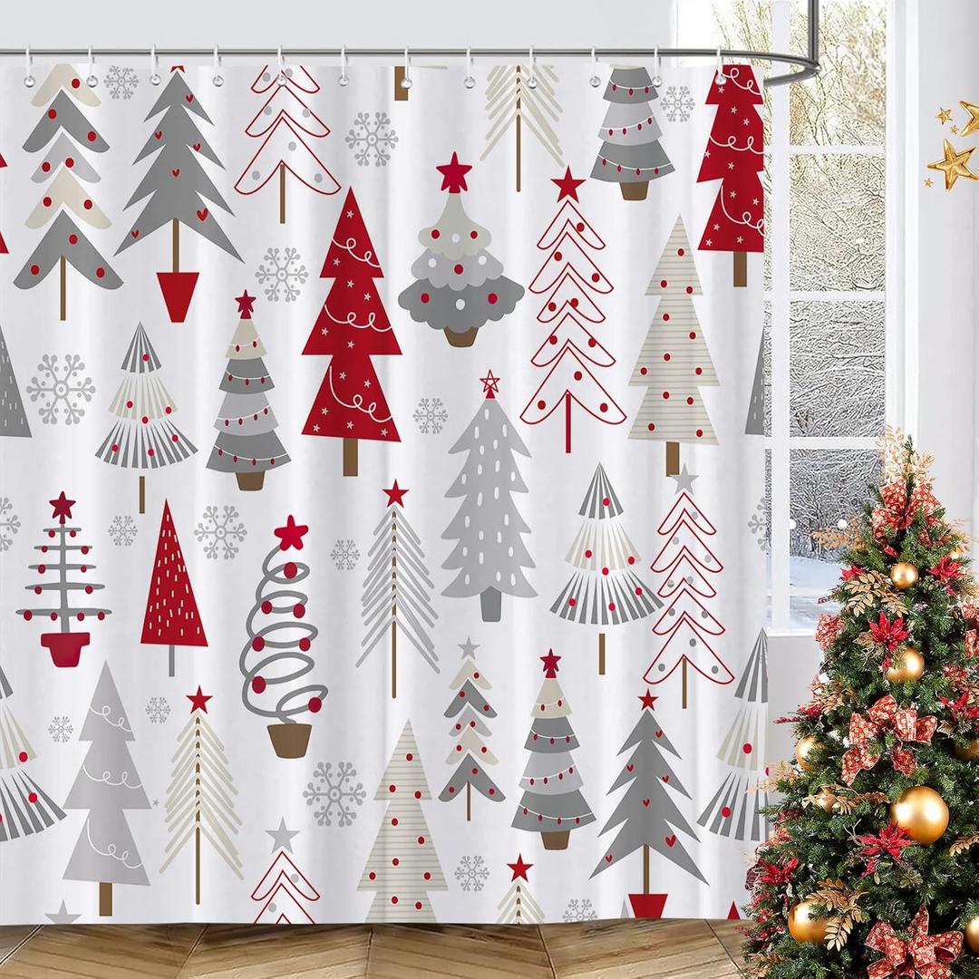 GOOESING Merry Christmas Shower Curtain Winter Christmas Tree with Snowflake Waterproof Bath Curtain for Bathroom Xmas Holiday Bathroom Decorations with Hooks 72x72 Inch