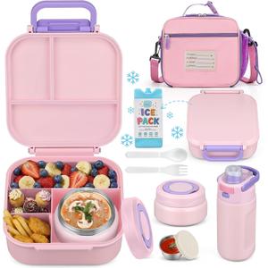 Bento Lunch Box for Kids with 7oz Soup Thermo,Insulated Stainless Steel Kids Water Bottle with Straw and Insulated Lunch Bag,Leak-Proof Lunch Food Container with Ice Pack for School(Green)