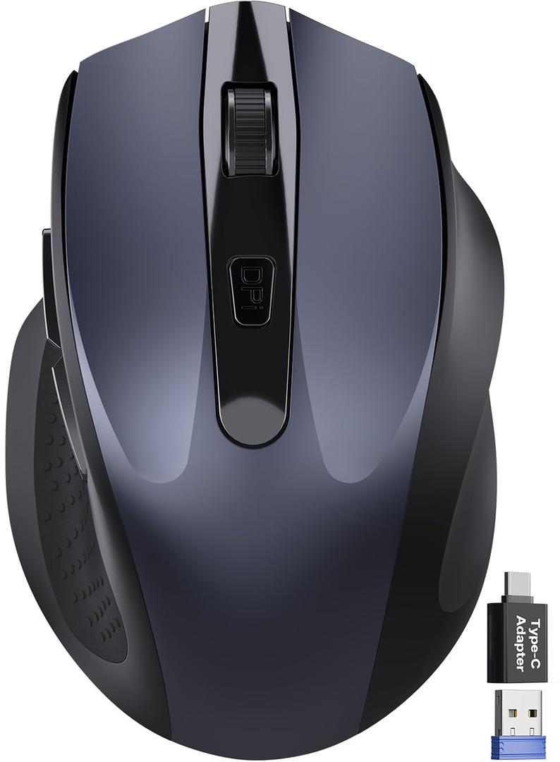 Wireless Mouse for Laptop, 2.4GHz Computer Mouse with USB-A Port &USB-C Adapter, Cordless Office Mice with 6 Buttons & 3 Level DPI for Small to Medium Hands, Work with PC, Desktop, Tablet - M21