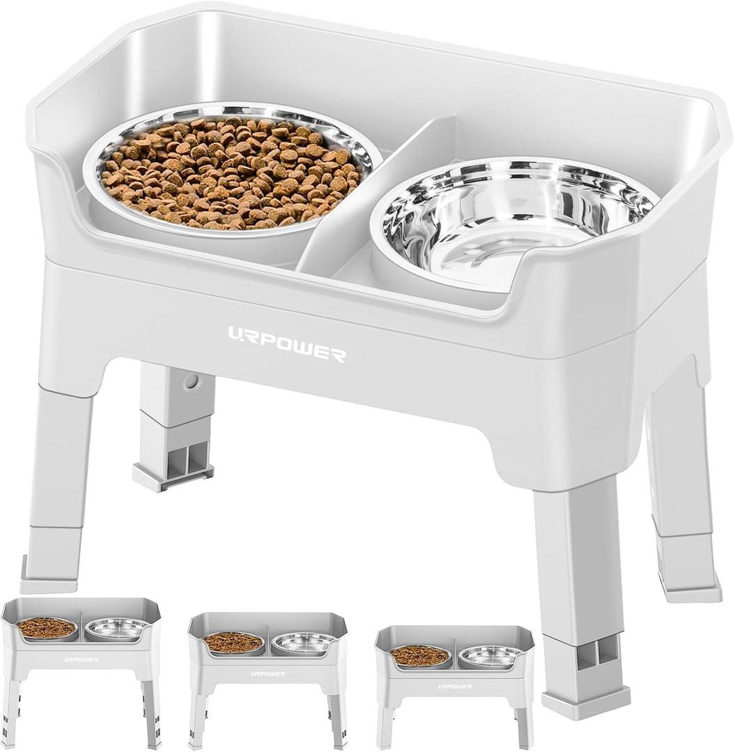 URPOWER 3-in-1 Elevated Dog Bowls - Mess Proof Double Deck 4 Height Adjustable Raised Stand with 2 Stainless Steel Food Bowls & Licking Plate for Small, Medium & Large Dogs (Light Grey)