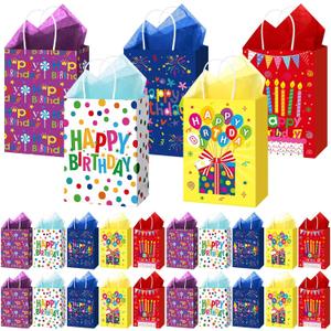 Hushee 30 Pcs Birthday Gift Bags with Handles and Tissue Papers Happy Birthday Paper Party Favors Bags Birthday Goodie Candy Bag Birthday Gift Wrapping Bags for Birthday Party Supplies(Happy Birthday)