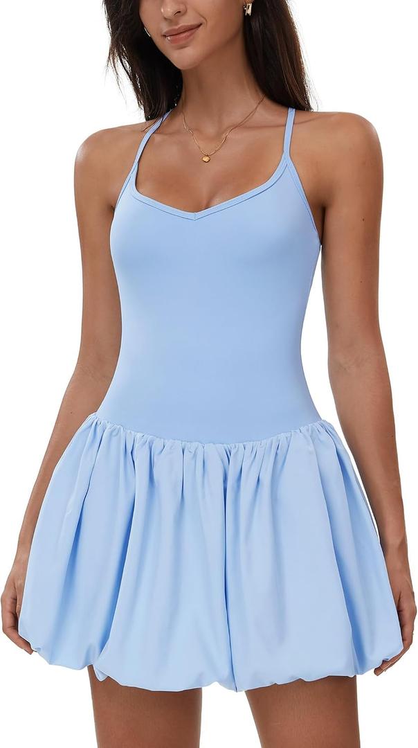 OMEWEE Tennis Dresses for Women: Ruffle Cami Bubble Dress with Built in Shorts and Bra-for Tennis, Golf, Gym (Blue, M)