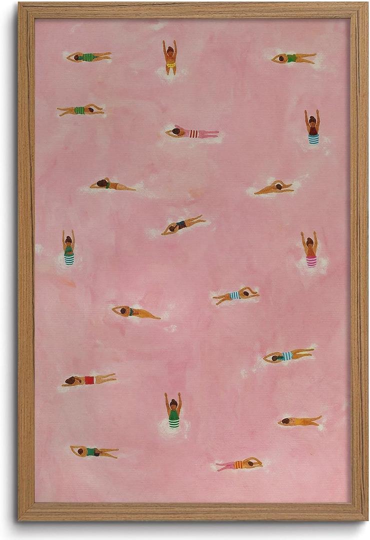 Framed Pink Swimming Pool Wall Art Summer Swimmer Canvas Print Decor, 24"L x 16"W