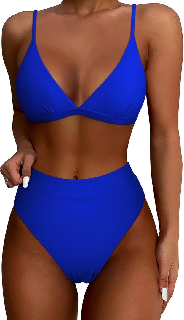 SUUKSESS Women High Waisted High Cut Bikini Set Sexy Triangle Two Piece Swimsuits (127 Royal Blue)