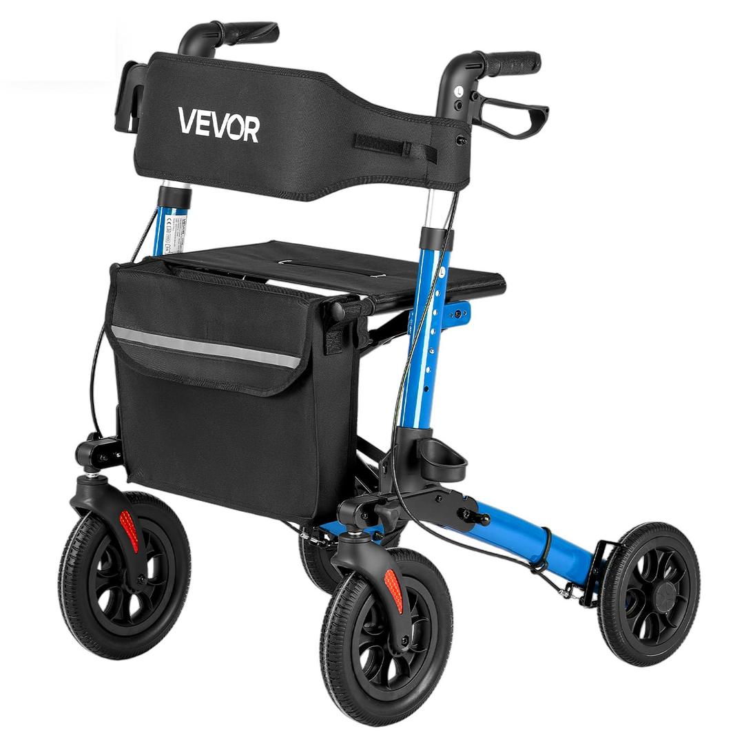 VEVOR Rollator Walker with Seat for Seniors, Ultra Compact 3-Fold Rolling Walker, Lightweight Aluminum Mobility Walking Aid with PU Solid Wheels, Adjustable Handle, Cup & Cane Holder - Supports 300LBS